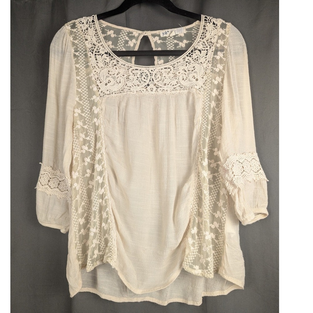 MED Cream Boho Lace Crochet Romantic Blouse Top Country Western Peasant  60s